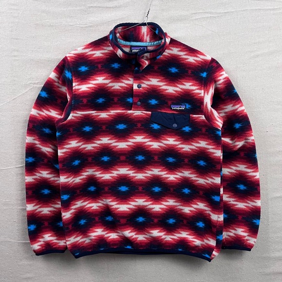 Patagonia Sweaters - Patagonia Synchilla Snap-T Fleece Womens M Red Blue Geometric Excellent Pullover